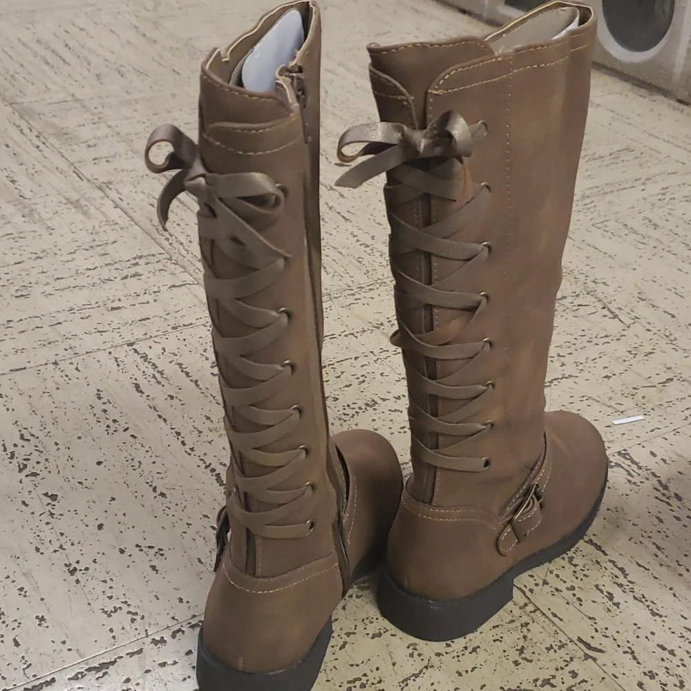 Faux leather BROWN riding boots lace up zip 13 1 cy